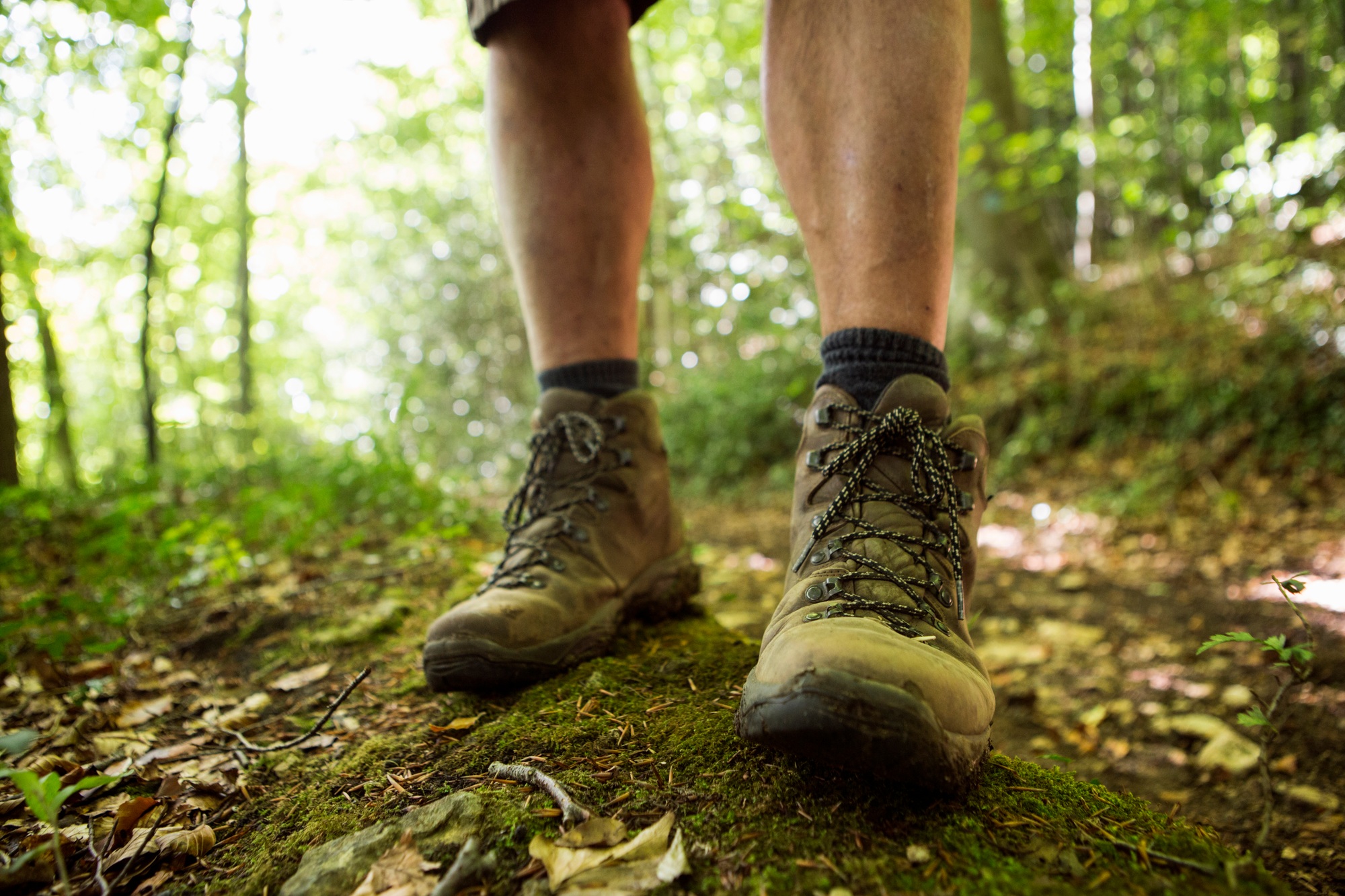 Close up of a man's feet in hiking boots on a woodland path in summer.