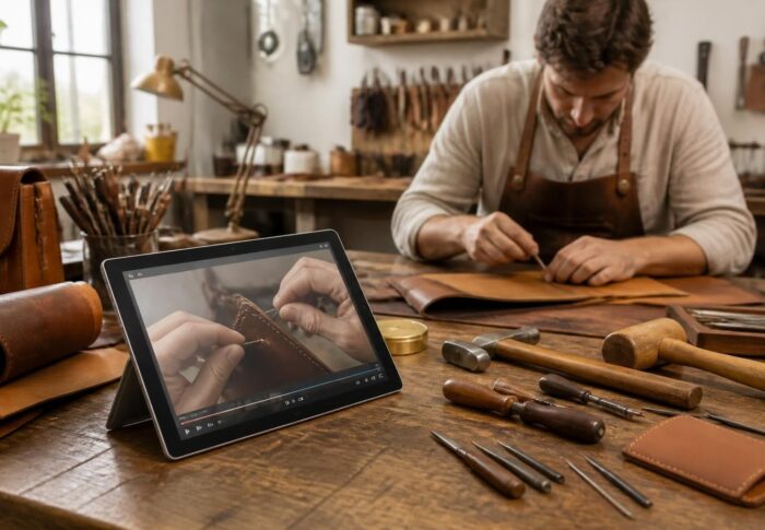 Atelier cuir : vidéos savoir-faire diffusées sur tablette tactile Microsoft
