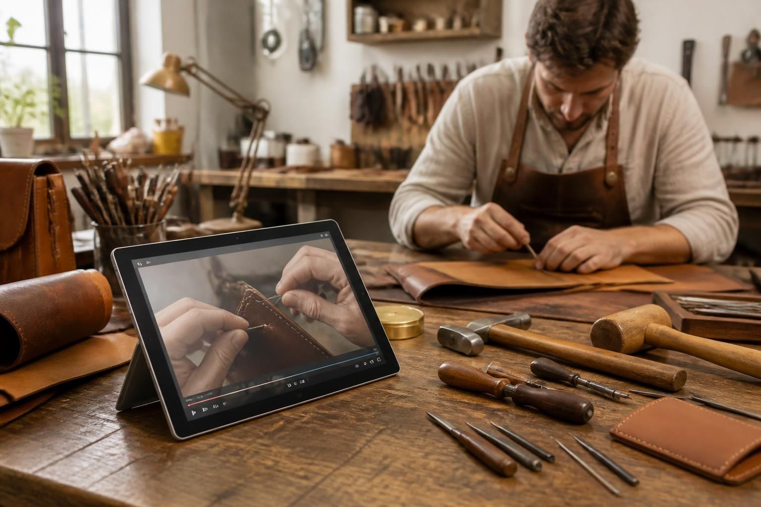 découvrez notre atelier cuir avec des vidéos de savoir-faire exclusives, diffusées directement sur tablette tactile microsoft pour une expérience interactive et pédagogique.