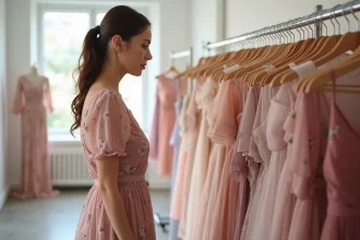 Femme en robe invitée de mariage fleurie rose choisissant une tenue en urgence dans une boutique de mode