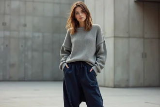 Femme portant un sarouel ample avec un pull oversize, exemple d'erreur de style qui écrase la silhouette