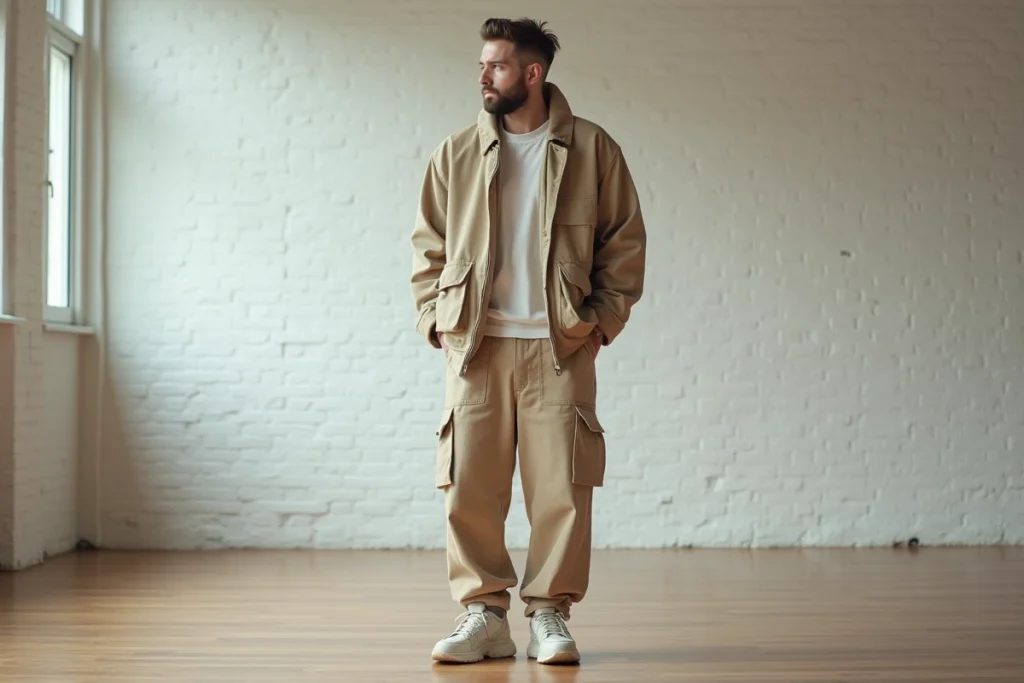 Homme en sarouel beige surdimensionné avec sneakers volumineuses, erreur de proportion courante