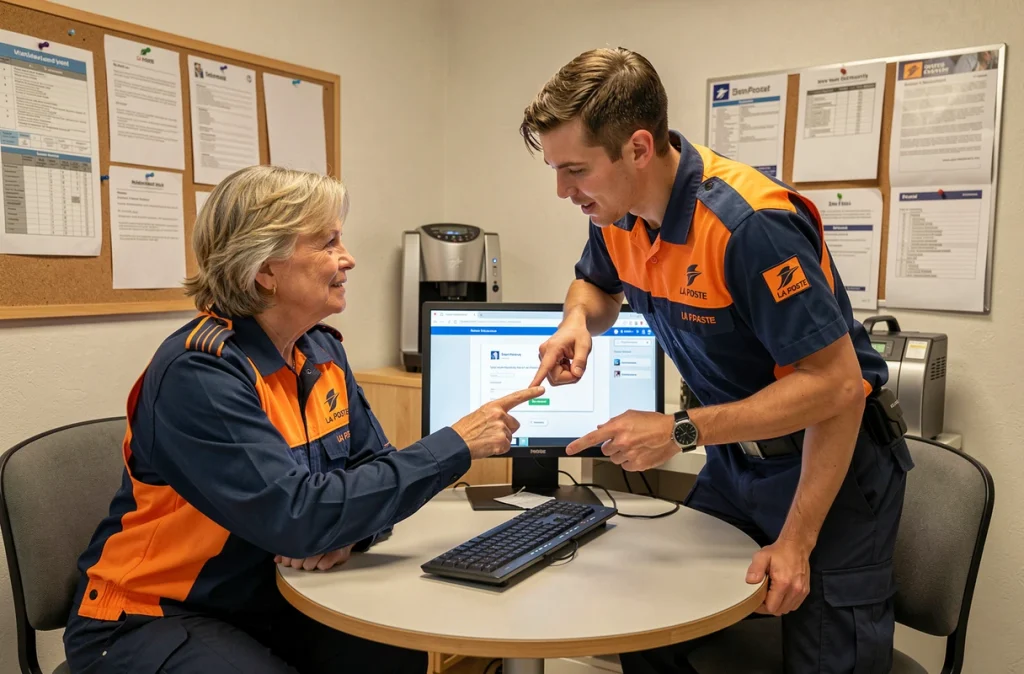 Deux agents La Poste en uniforme discutant d'une erreur de commande sur le site Mon habillement devant un ordinateur dans une salle de pause postale