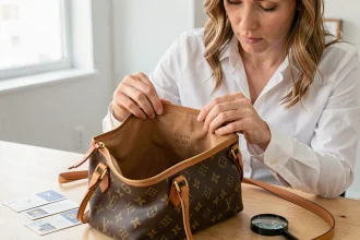 Femme inspectant le numéro de série intérieur d'un sac Louis Vuitton authentique sur un bureau en bois