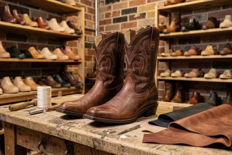 Paire de bottes western cowboy en cuir pleine fleur posée sur un établi d'artisan sellier, entourée d'outils de maroquinerie et d'échantillons de cuir véritable versus faux cuir