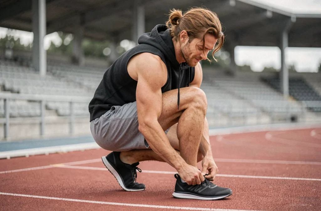 Sportif aux cheveux auburn en chignon bas lacant ses chaussures sur une piste d'athlétisme extérieure
