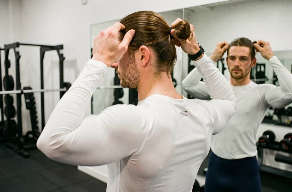 Homme vérifiant son chignon sportif serré devant le miroir d'une salle de musculation moderne