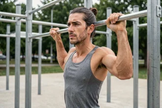 Homme sportif en salle de sport extérieure avec un chignon haut bien maintenu pendant un exercice de traction
