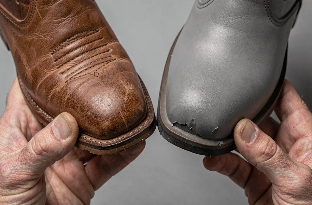 Comparaison en gros plan de deux tiges de bottes western, l'une en cuir véritable tanné végétal avec grain naturel, l'autre en faux cuir synthétique PU qui se décolle