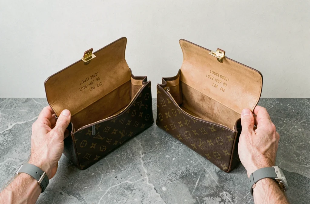 Comparaison côte à côte d'un sac Louis Vuitton authentique et d'un faux, montrant les différences de numéros de série
