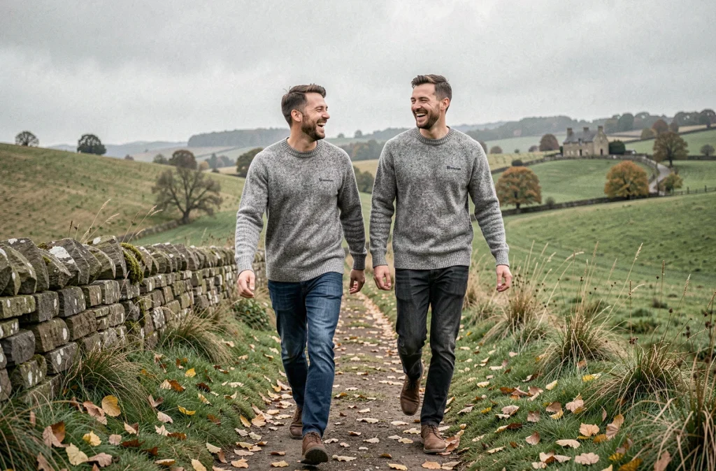 Couple portant des pulls gris chinés fabriqués en France lors d'une randonnée dans la campagne française en automne
