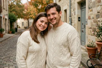 Couple portant des pulls en laine crème fabriqués en France dans une rue pavée d'un village français en automne