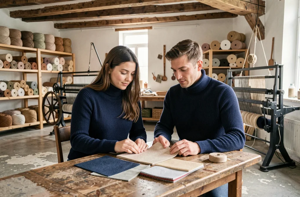 Couple en pulls col roulé marine fabriqués en France dans un atelier de textile artisanal français