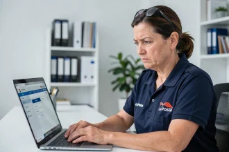 Agente postale en uniforme La Poste consultant le portail Mon habillement sur un ordinateur portable au bureau, l'air concentrée face à une erreur sur son espace personnel
