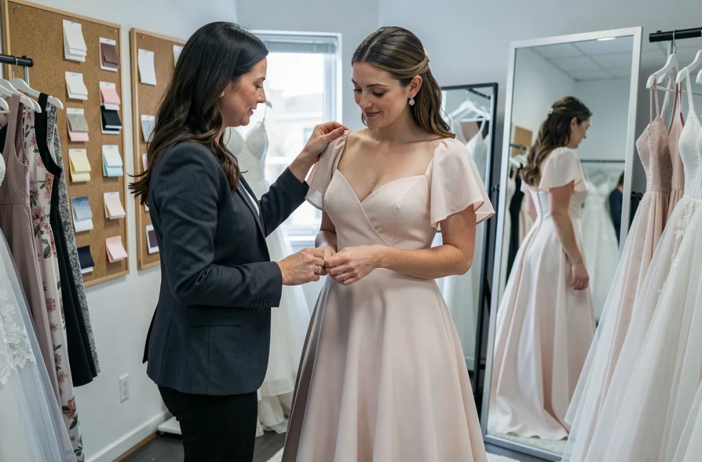 Essayage d'une robe de mariée trapèze en boutique avec une consultante en mariage professionnelle