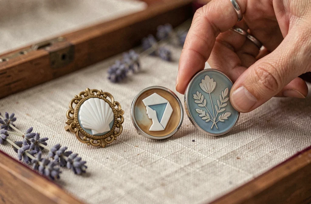 Trois camées représentant différentes époques et styles posés sur lin, illustrant l'évolution historique et tendance des bijoux camée