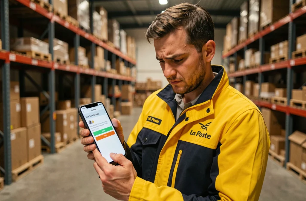 Facteur en uniforme jaune La Poste consultant une notification d'erreur sur le portail Mon habillement depuis son smartphone dans un centre logistique postal