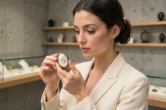 Femme examinant un camée vintage dans une boutique de bijoux moderne, illustrant l'évolution de la signification des bijoux camée