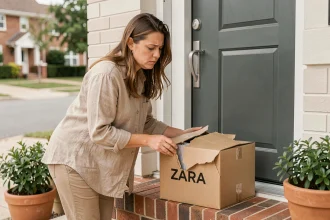 Femme inspectant un colis ZARA endommagé devant sa porte d'entrée lors d'une livraison problématique