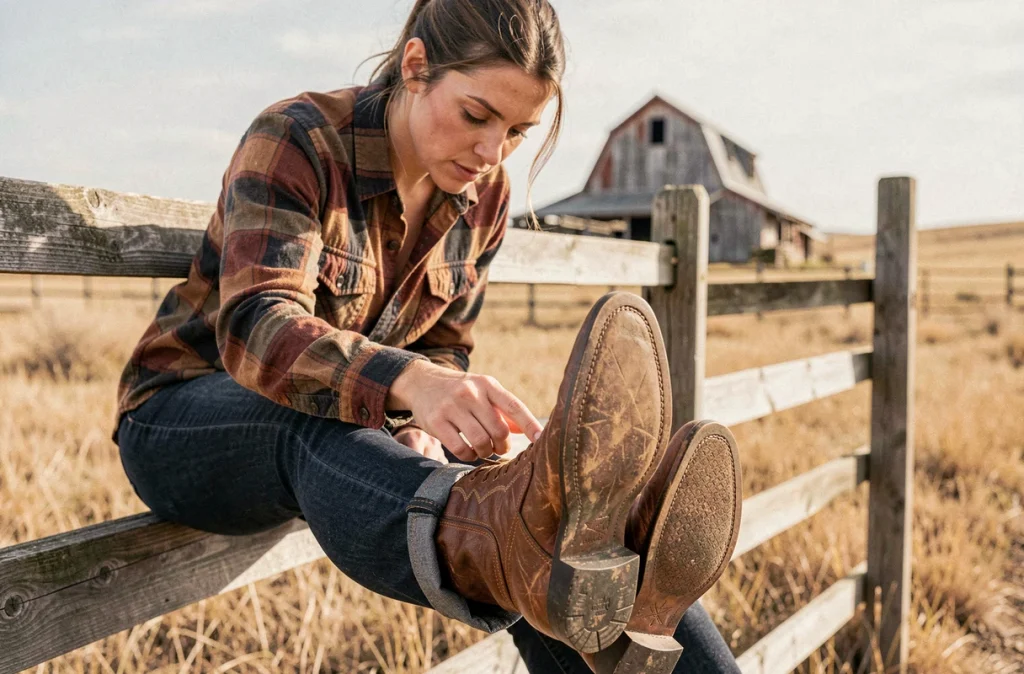 Femme en tenue western inspectant la qualité de la semelle et du trépointe de sa botte cowboy en cuir véritable, assise sur une clôture en bois dans un ranch en plein air