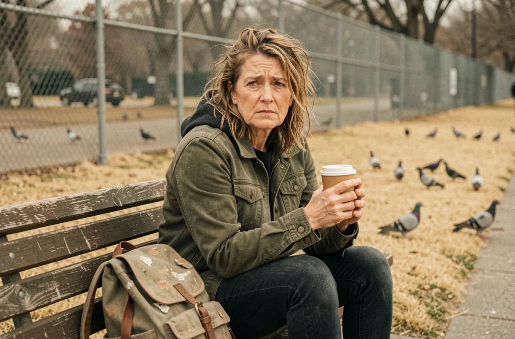 Femme seule assise sur un banc de parc urbain tenant une tasse en papier, expression fatiguée et digne, évoquant l'isolement et la vulnérabilité sociale