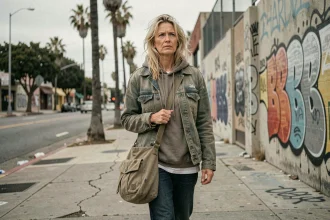 Femme sans-abri marchant seule dans une rue de Los Angeles, vêtements usés et regard perdu, illustration de la précarité et de la fragilité humaine