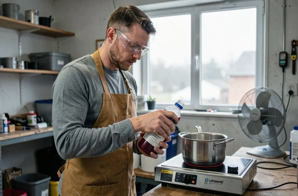 Homme lisant attentivement l'étiquette d'un colorant dispersant haute température avant de teindre du polyester dans un garage ventilé