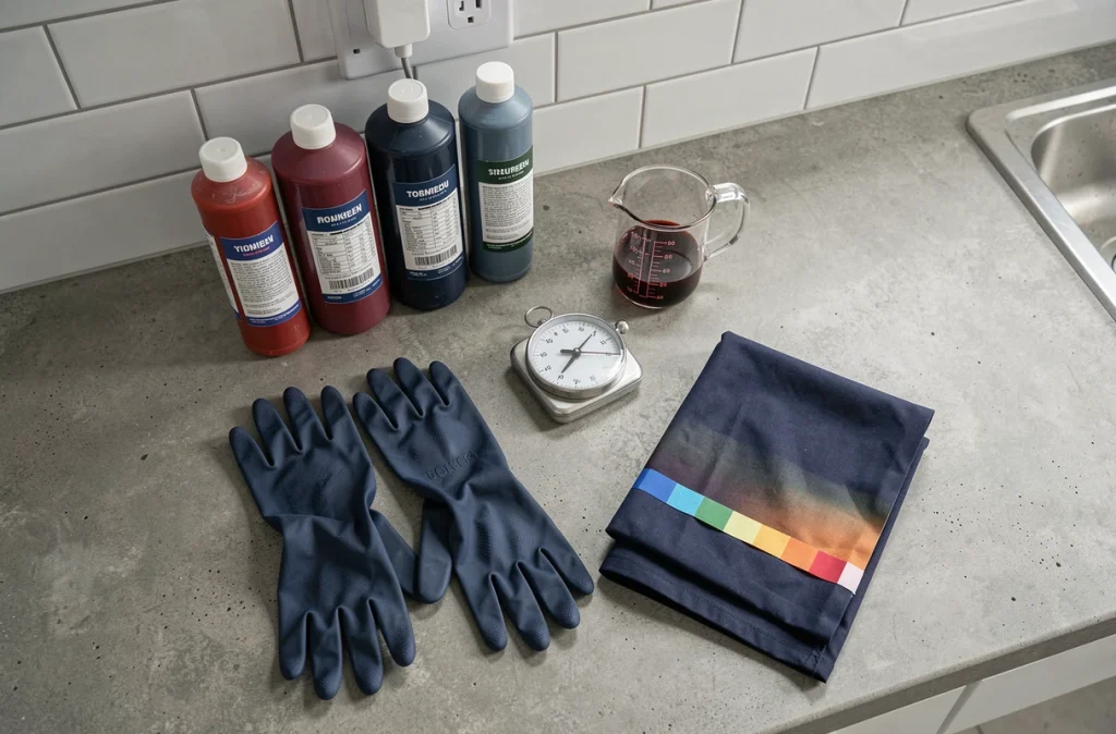Vue en plongée du matériel nécessaire pour teindre du polyester à haute température : gants, thermomètre, flacons de colorant et tissu test