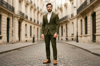 Homme élégant en costume mod années 60 revisité, veste olive col roulé blanc et boots Chelsea, dans une rue pavée parisienne