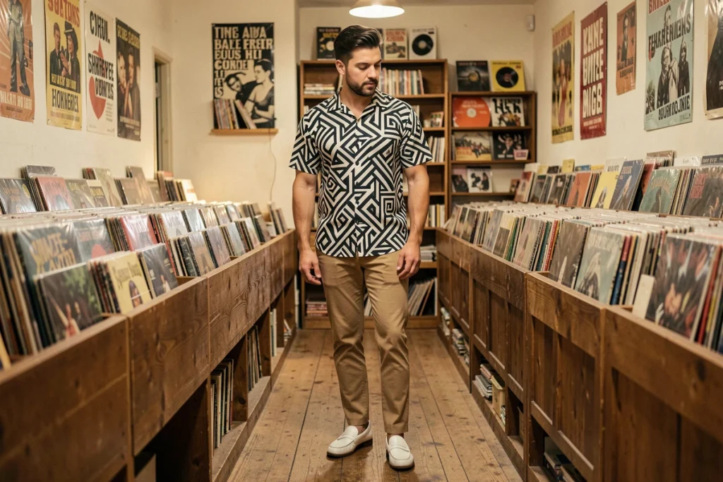 Jeune homme en chemise géométrique Op-Art années 60 et pantalon caramel, feuilletant des vinyles dans un magasin de disques vintage