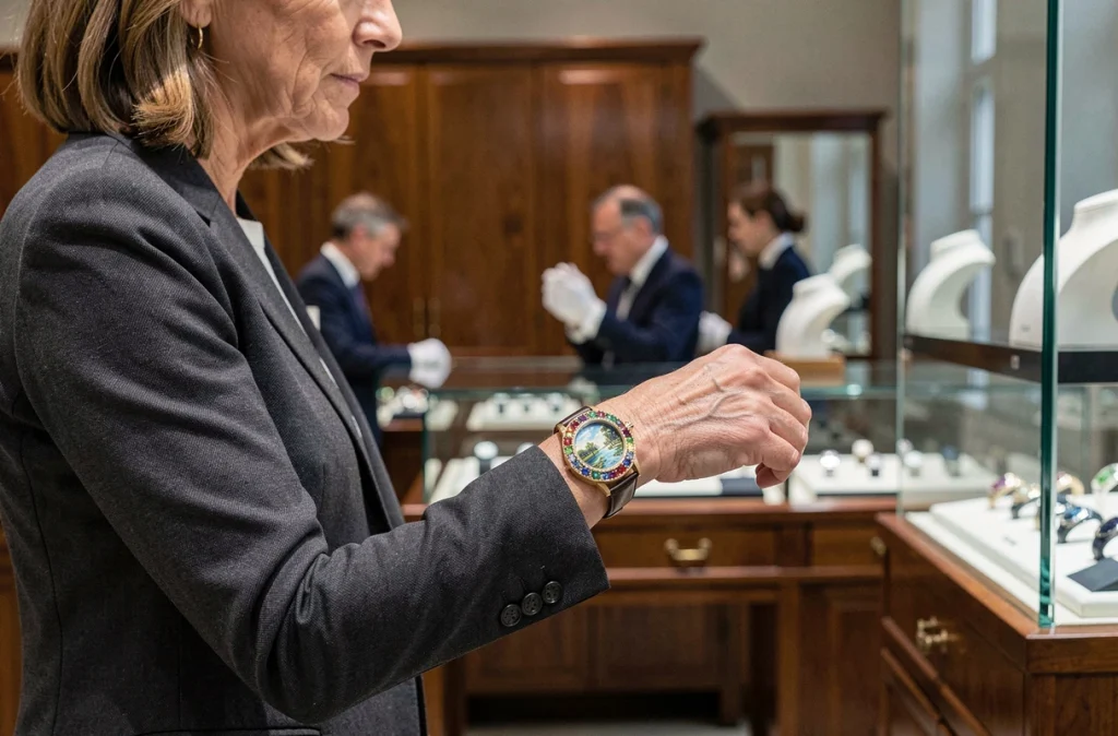 Femme élégante portant une montre de luxe unique sertie de pierres précieuses et cadran émail peint à la main dans une boutique horlogère de prestige à Genève