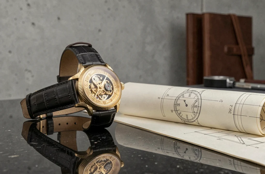 Montre de luxe unique en or gravé avec cadran squelette exposée à côté d'un croquis de design sur mesure dans un showroom haut de gamme