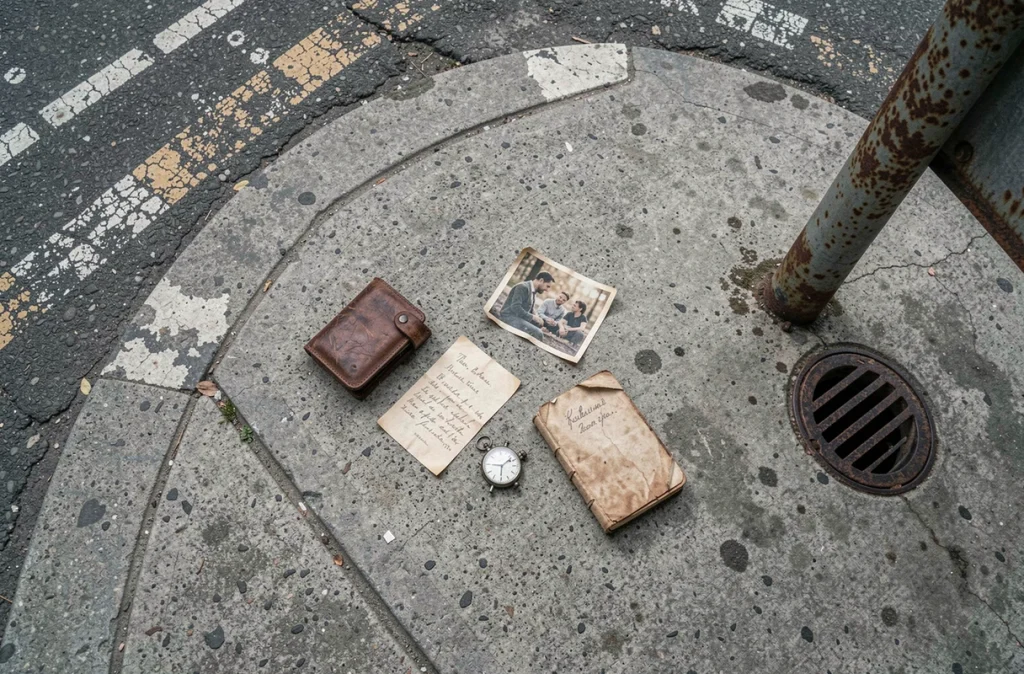 Objets personnels épars sur un trottoir urbain, portefeuille usé, photographie froissée et montre cassée, symboles d'une vie bouleversée et d'une identité perdue