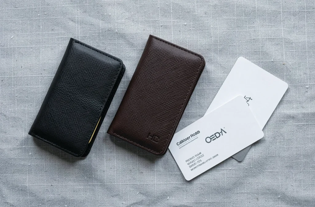 Vue à plat de plusieurs porte cartes fins en différents matériaux cuir et métal sur lin gris clair avec des cartes de visite disposées élégamment