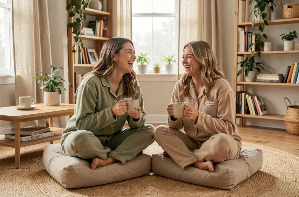 Deux femmes portant des pyjamas polaire personnalisés assortis en vert sauge et beige, riant ensemble dans un salon chaleureux avec coussins et plantes