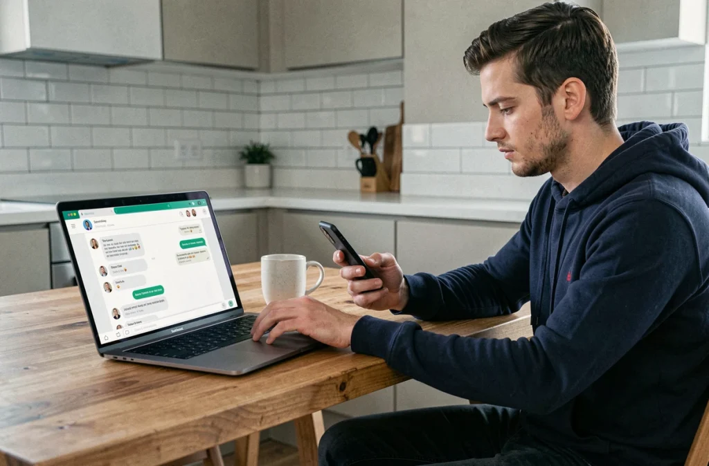 Homme effectuant une réclamation en ligne à ZARA depuis son ordinateur portable dans sa cuisine