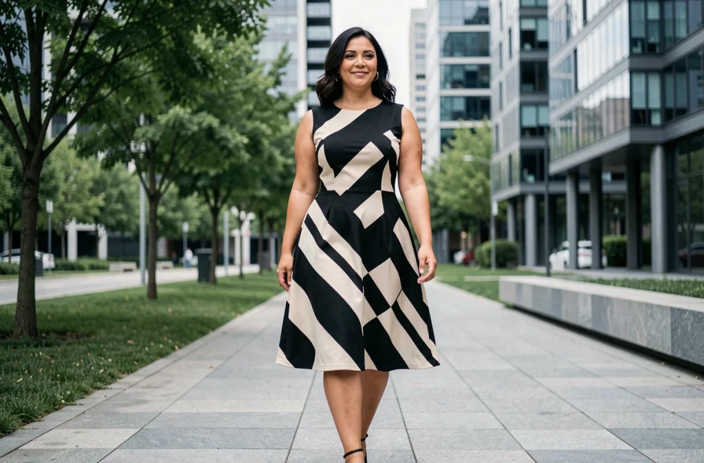 Femme ronde en robe A-line à imprimé géométrique noir et blanc marchant dans un parc urbain moderne