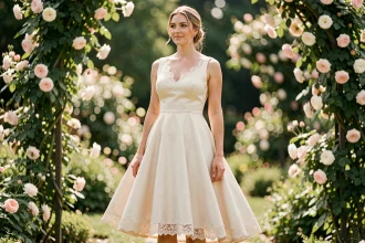 Femme portant une robe de mariée trapèze en dentelle ivoire dans un jardin botanique fleuri