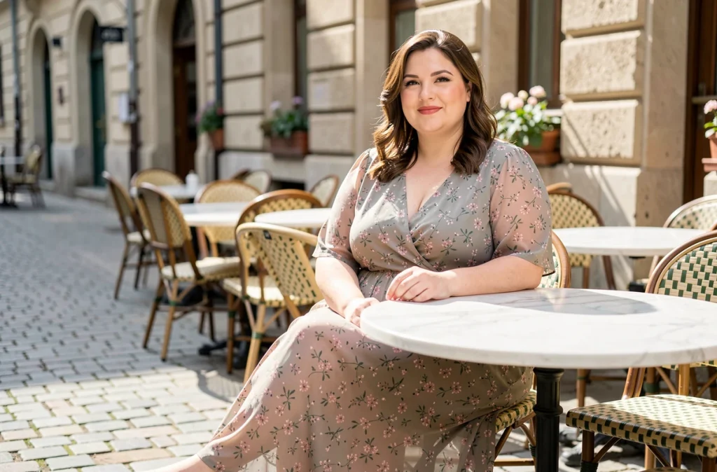 Femme ronde en robe midi fleurie rose et sauge attablée en terrasse de café européen
