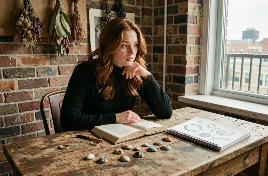 Jeune femme étudiant des camées anciens et modernes dans un studio créatif, symbolisant la réinterprétation contemporaine des bijoux camée