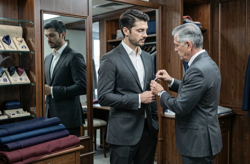 Tailleur rémois retouchant un costume de cérémonie pour un client lors d'un essayage en boutique