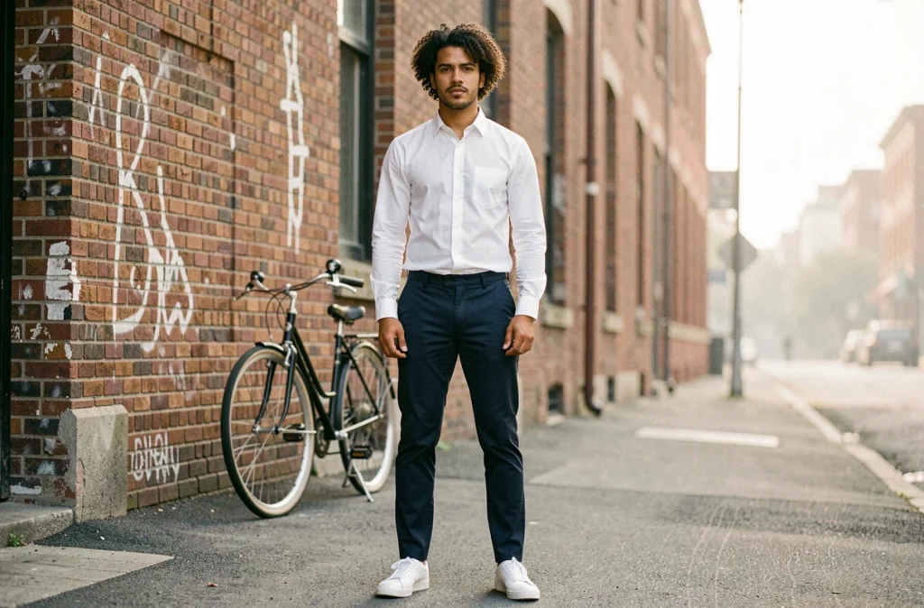 Homme latino aux cheveux bouclés avec un taper bas soigné, habillé en chemise blanche et chino slim dans une rue urbaine