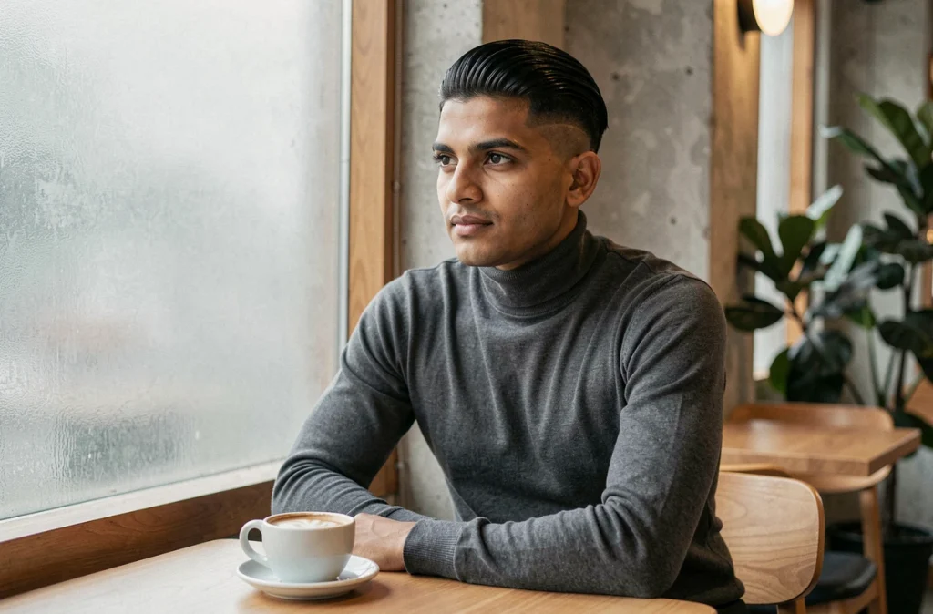 Homme d'Asie du Sud avec un taper bas sur cheveux raides, habillé en col roulé gris, assis dans un café minimaliste moderne