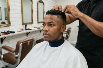 Jeune homme à la peau noire se faisant tailler un taper bas dans un salon de coiffure moderne avec miroirs et chaises en cuir