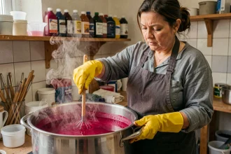 Femme portant des gants de protection qui remue un bain de teinture haute température pour tissu polyester dans un atelier artisanal