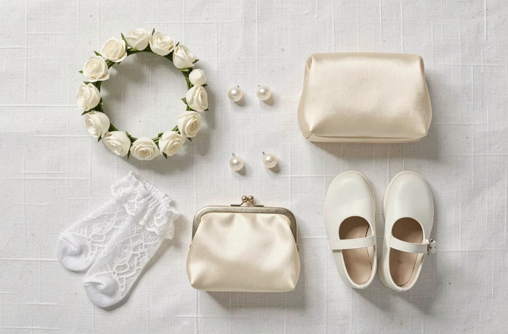 Accessoires de cérémonie pour fille disposés en flat lay : couronne florale, chaussettes en dentelle, chaussures Mary Jane et sac satin