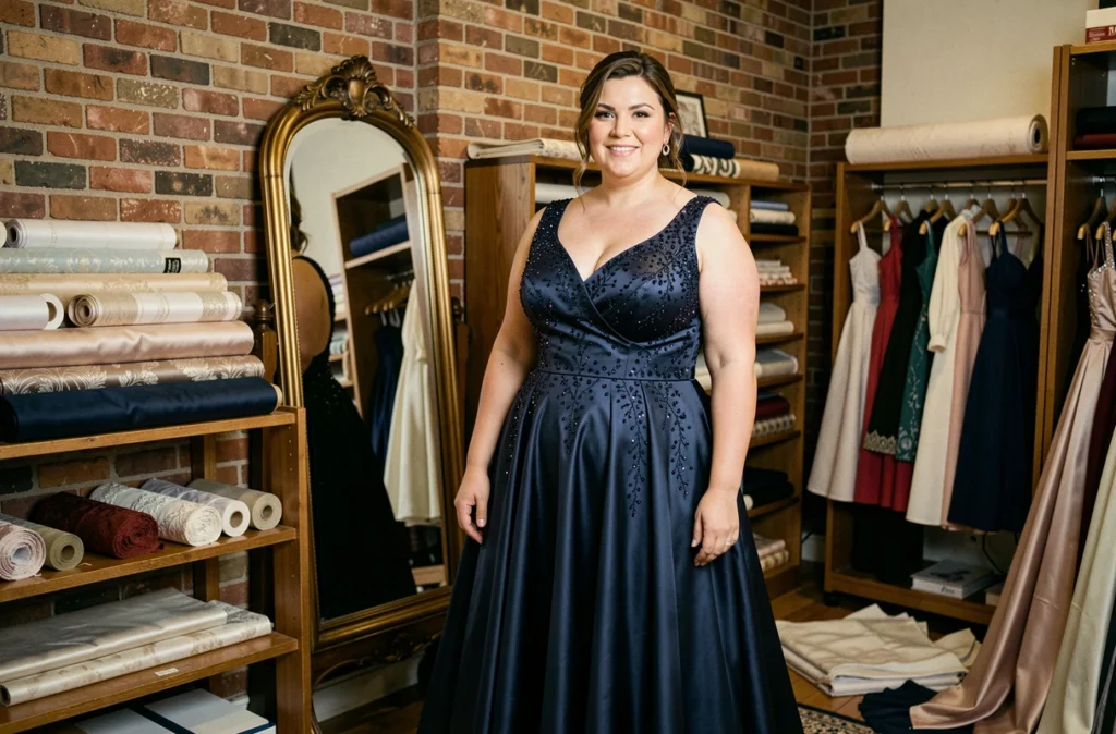 Une femme ronde en robe de soirée bleu marine élaborée pose dans l'atelier parisien Alain Weiz, dont le savoir-faire couture est mis en valeur dans un décor intimiste.