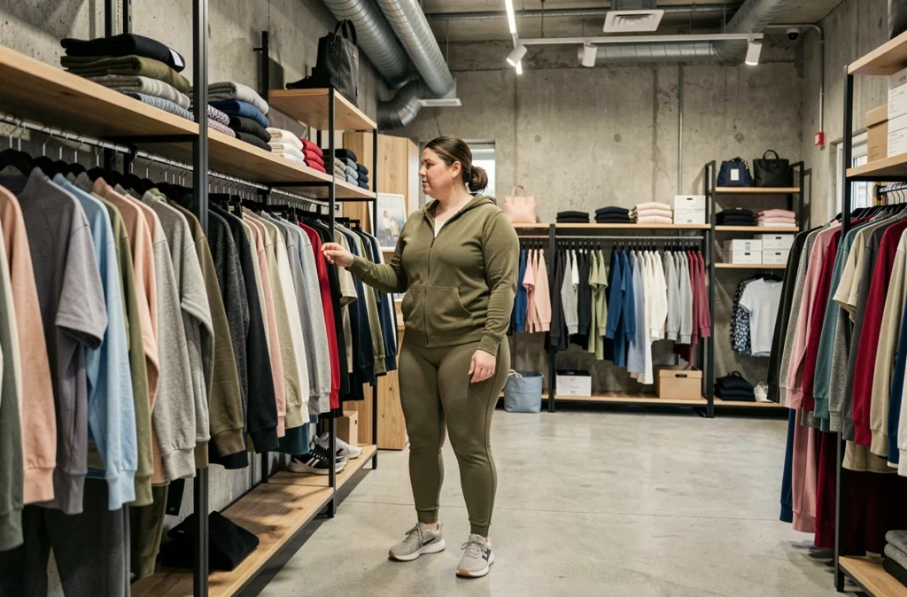 Une cliente grande taille en tenue sport chic explore les rayons de la boutique Cazak à Paris, un espace contemporain aux collections confortables et tendance.