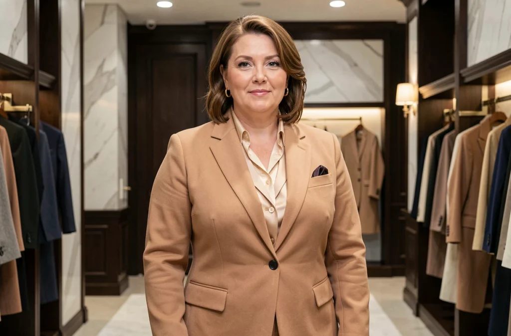 Une femme élégante en tailleur camel de la marque Elena Mirò pose dans une boutique raffinée à Paris aux finitions luxueuses et à l'atmosphère sophistiquée.