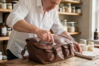 Homme entretenant une besace en cuir marron avec un produit nourrissant sur un établi en bois